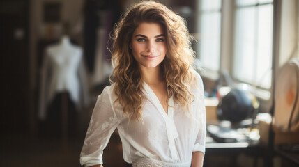 Portrait of a beautiful young European woman Fashion Designer , working in her workshop