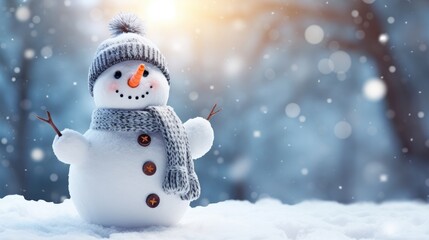 Happy snowman on snowy in winter for merry christmas and happy new year card concept with copy space. Generative Ai
