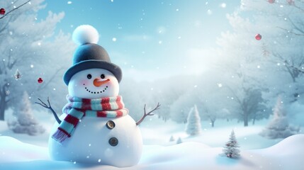 Obraz premium Happy snowman on snowy in winter for merry christmas and happy new year card concept with copy space. Generative Ai