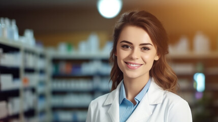 Portrait of a beautiful young caucasian woman pharmacist , female working in a pharmacy or drugstore - Powered by Adobe