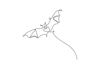 One continuous line drawing of cute flying bat for nature lover organization logo identity. Isolated on white background vector illustration. Pro vector. - obrazy, fototapety, plakaty