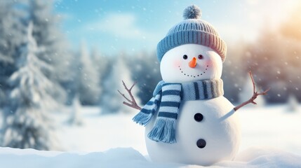 Fototapeta premium Happy snowman on snowy in winter for merry christmas and happy new year card concept with copy space. Generative Ai