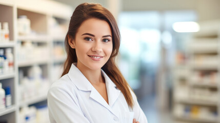 Fototapeta premium Portrait of a beautiful young caucasian woman pharmacist , female working in a pharmacy or drugstore