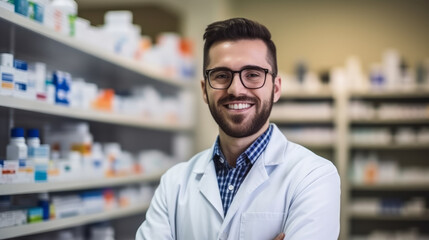 Portrait of an handsome young caucasian man pharmacist , male working in a pharmacy or drugstore