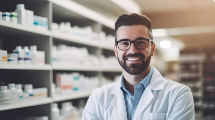 Fototapeta premium Portrait of an handsome young caucasian man pharmacist , male working in a pharmacy or drugstore
