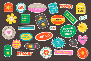 Trendy retro sticker pack with creative lettering design and decoration vector illustration