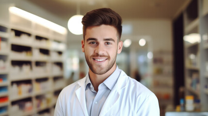 Portrait of an handsome young caucasian man pharmacist , male working in a pharmacy or drugstore