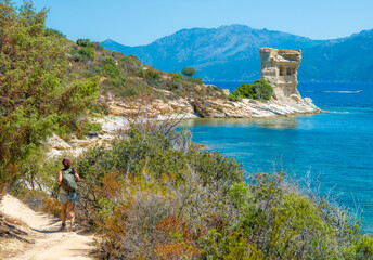 Corse (France) - Corsica is a big touristic french island in Mediterranean Sea, with beautiful beachs and mountains. Here a view of the Sentier du littoral from Saint-Florent at Plage de Lotu