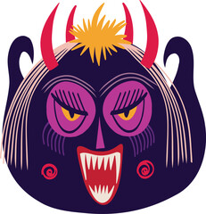 Horned strange ugly angry demon. Illustration in childish style