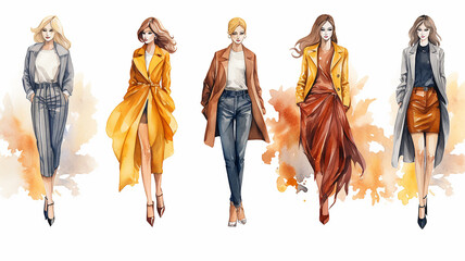 Naklejka premium autumn fashion clothes, a group of models of girls, in october look, watercolor on a white background drawing, models in a row