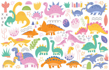 Cute dinosaur families set with happy parents and baby fairytale characters vector illustration
