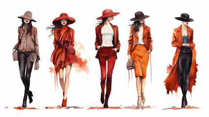 autumn fashion clothes, a group of models of girls, in october look, watercolor on a white background drawing, models in a row
