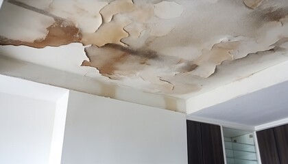 Ceiling Stain and Water-Damaged Roof due to Roof Leakage - obrazy, fototapety, plakaty