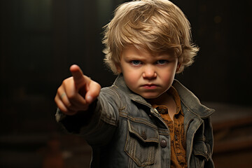 Grumpy angry young boy pointing a finger and glaring against a black background,.