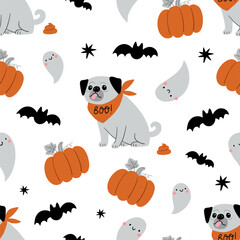 Cute cartoon Halloween dog, pumpkin, ghost - vector seamless pattern 