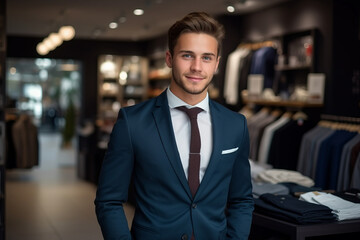 Handsome young european man salesperson in suit and luxury men clothing store background
