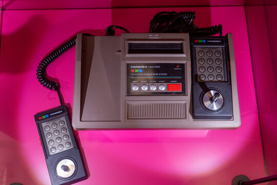 Old game console for TV. Colour television game system HANIMEX HMG 2650. Poland, Warsaw - July 28, 2023