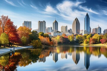 Autumn skyline of Atlanta, Georgia in Piedmont Park, USA. Generative AI