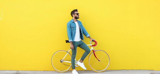 Side view of a young hipster man with a fixed bike near the yellow wall