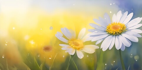 Fototapeta na wymiar Spring meadow Cammomile flowers watercolor. AI generated illustration