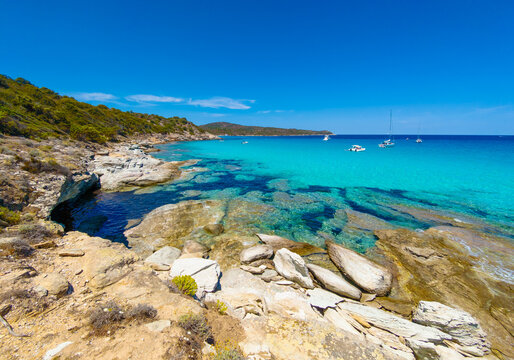Corse (France) - Corsica is a big touristic french island in Mediterranean Sea, with beautiful beachs and mountains. Here a view of the Sentier du littoral from Saint-Florent at Plage de Lotu