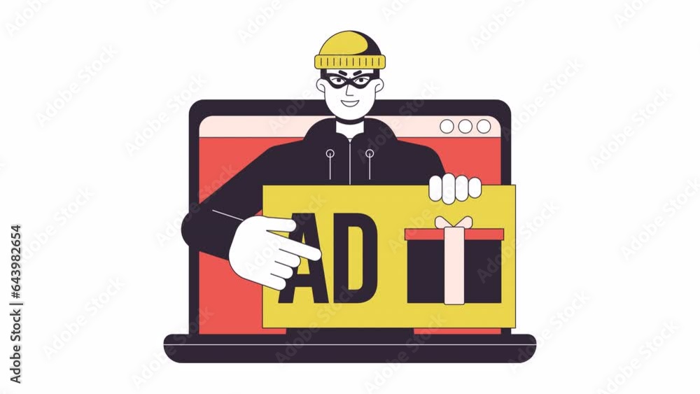 Poster laptop with click fraud line 2d animation. online advertising fraud on notebook 4k video motion grap