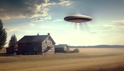 Small UFO flying in the sky over an old house and barn