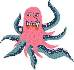 a quirky octopus with a cute face in glasses. Illustration in a modern hand-drawn style