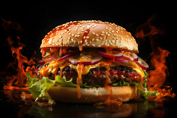 Sizzling spicy burger on fire, close up