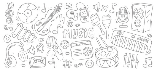 Music linear graphic design element outline concert logo set with instrument, note and microphone