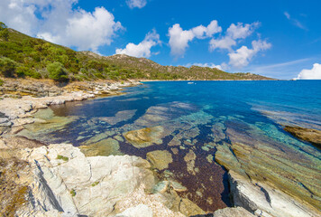 Corse (France) - Corsica is a big touristic french island in Mediterranean Sea, with beautiful beachs and mountains. Here a view of the Sentier du littoral from Saint-Florent at Plage de Lotu