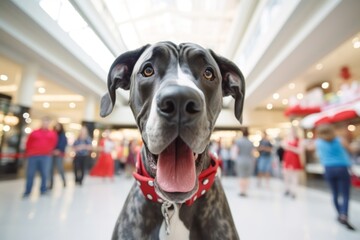 Headshot portrait photography of a happy great dane tail wagging wearing a sailor suit against a bustling shopping mall. With generative AI technology