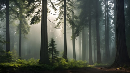 A misty morning in the woods is a dreamy sight to behold. The detailed photography captures the ethereal fog, the towering trees, and the earthy aromas, providing a serene.