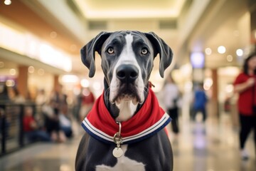 Headshot portrait photography of a happy great dane tail wagging wearing a sailor suit against a bustling shopping mall. With generative AI technology