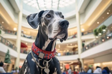 Headshot portrait photography of a happy great dane tail wagging wearing a sailor suit against a bustling shopping mall. With generative AI technology - obrazy, fototapety, plakaty