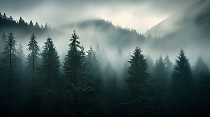 A misty morning in the woods is a dreamy sight to behold. The detailed photography captures the ethereal fog, the towering trees, and the earthy aromas, providing a serene.