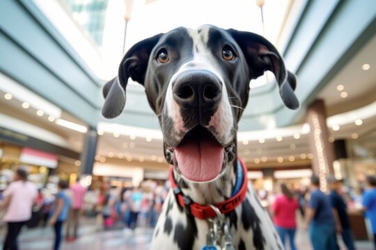 Headshot portrait photography of a happy great dane tail wagging wearing a sailor suit against a bustling shopping mall. With generative AI technology