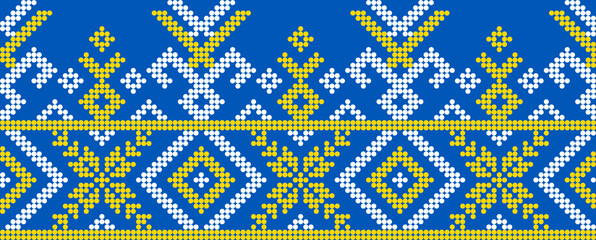 Vector illustration of Ukrainian ornament in ethnic style, identity, vyshyvanka, embroidery for print clothes, websites, banners. Background. Geometric design, border, copy space, frame