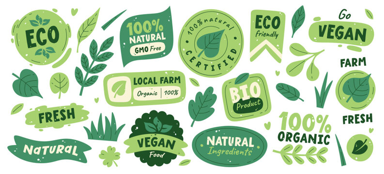 Organic fresh food labels, bio eco friendly natural meal logo, vegan products badge isolated set