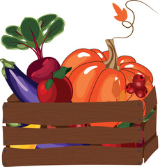 Harvesting. Wooden box with vegetables and fruits. High quality vector illustration.
