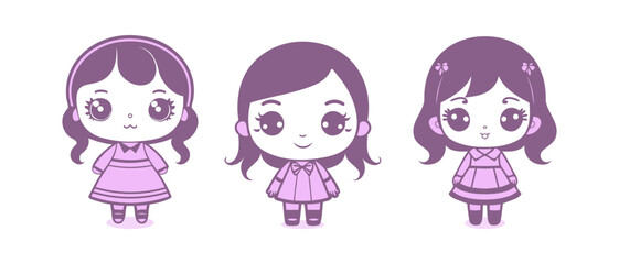 Vector set of cute pink kawaii anime cartoon girls on a white isolated background. Stickers or icons.