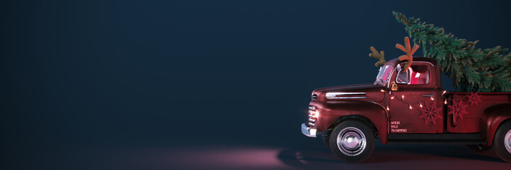 Old truck arriving with fresh Christmas tree on dark blue background with copy space. 3D Rendering, 3D Illustration