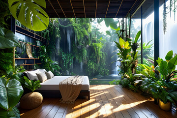 Bedroom interior in a tropical bungalow with a waterfall and beautiful plants. A great place to relax in nature. Luxury hotel in the jungle