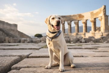 Environmental portrait photography of a happy labrador retriever sitting on feet wearing a sailor suit against a backdrop of ancient ruins. With generative AI technology
