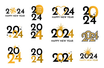 Naklejka premium Set of 2024 logos and compositions with star frames for happy new year, golden lettering
