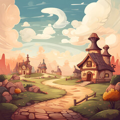 Cartoon landscape, fairy tale backdrop, draw houses, retro background toon style, blue sky with clouds, Surreal landscape illustration - AI Generative