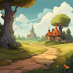 landscape with house and tree cartoon style, backdrop with houses and trees, green grass - AI Generative