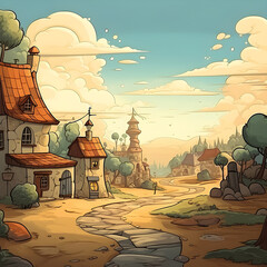 Cartoon landscape, Whimsical Blue Sky Cottage, fairy tale backdrop, draw houses, retro background toon style, blue sky with clouds, Surreal landscape illustration - AI Generative