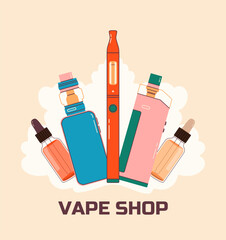 Vape colorful flat illustration logo for your design. Electronic cigarettes and vape concept. Modern vector illustration. Design of vape pens and pod mods. Flat vector design for web.