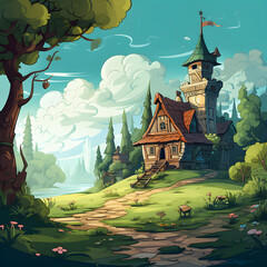 Fairy tale house in the forest, cartoon backdrop, toon art, fairy tale illustration, colorful landscape - AI Generative